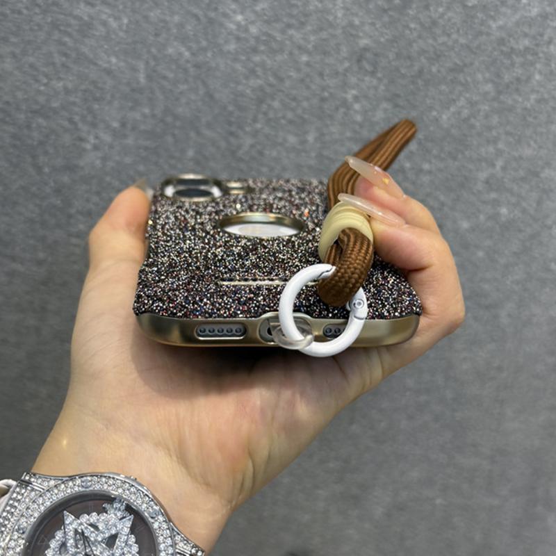 Luxury Glitter Diamond Rhinestone Case For iPhone 12 13 14 15 16 Pro Max Plus Bling Sparkling Shockproof Wrist Strap Cord Cover