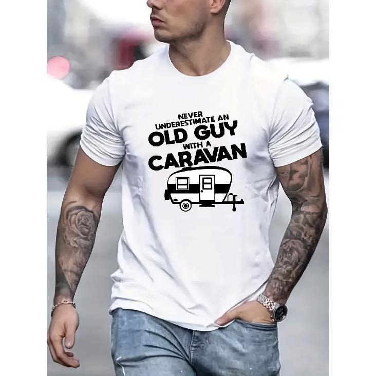 Never Underestimate an Old Guy with a Caravan Men S T-Shirt - Vintage Camper Van Graphic & Slogan Print, Breathable Relaxed Fit Crew Neck Short S чёрный