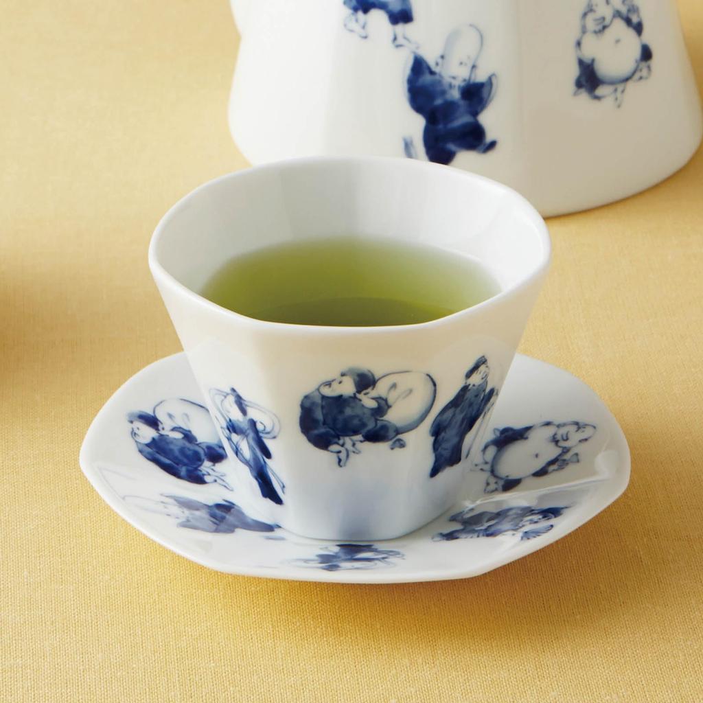 Mino ware tea or approximately microwave and dishwasher with a blue and white design of the Seven Lucky made in product number "miyama" teacup, bowl,