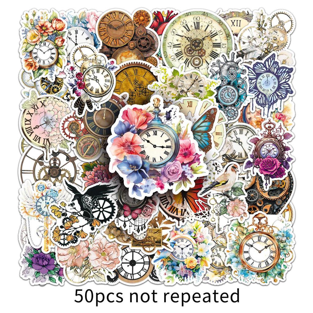 50 Retro Clock & Flower Stickers: Waterproof Decor for Journals, DIY Helmets, and Speakers