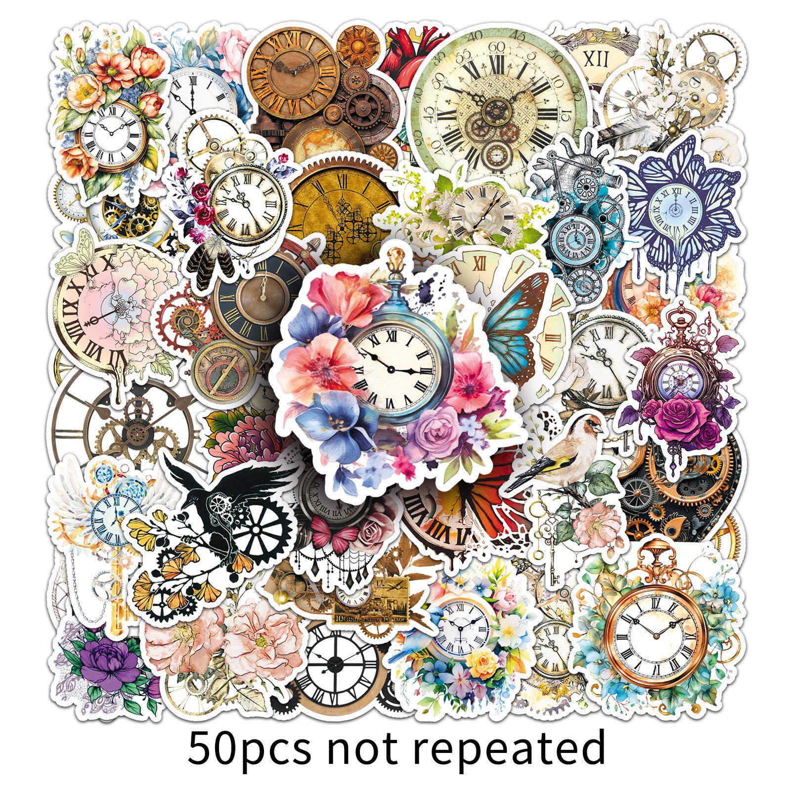 50 Retro Mechanical Clock Stickers: Nostalgic, Artistic, Waterproof DIY Decorative Stickers for Journals