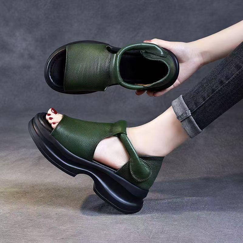 Sandale de Damă din Piele Decupate cu Talpă Groasă și Vârf Decupat, Noi de Vară, Retro, care Măresc Înălțimea, Sandale de Plajă pentru Exterior, Sandale Pană