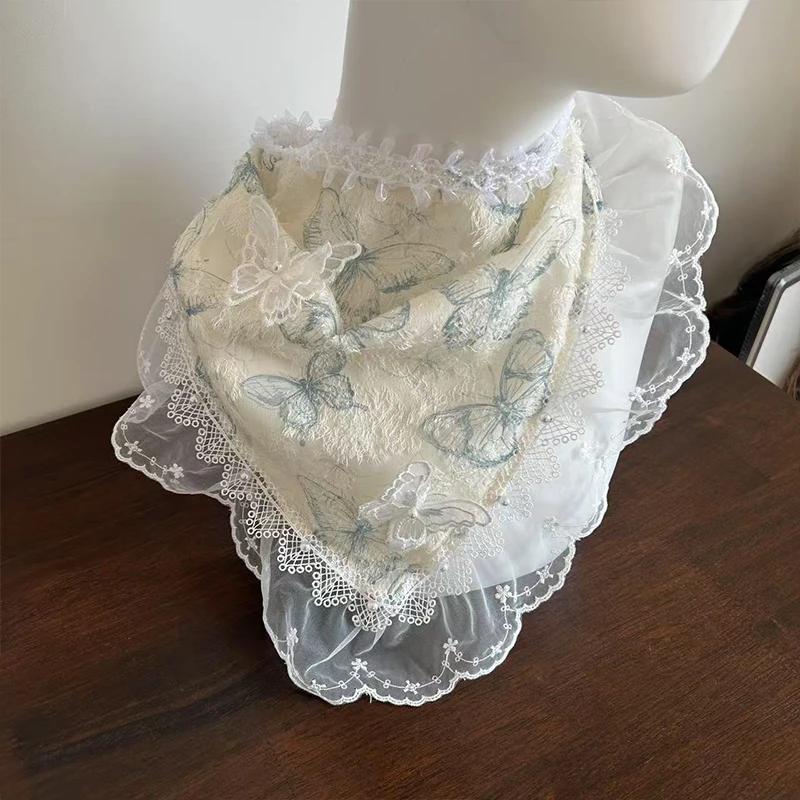 

Lolita Lace Headscarf 3D Butterfly Sweet Flowers Summer Hair Wraps with Silk Scarf Triangle Scarf Hair Bands for Travel Beach