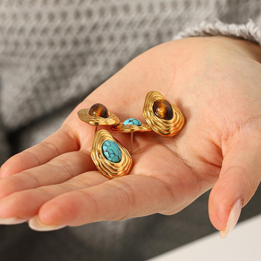 Retro Stainless Steel Earrings for Women, Tiger Eye Ear Jewelry, Niche High-end Turquoise Titanium Steel Studs, Fade-resistant