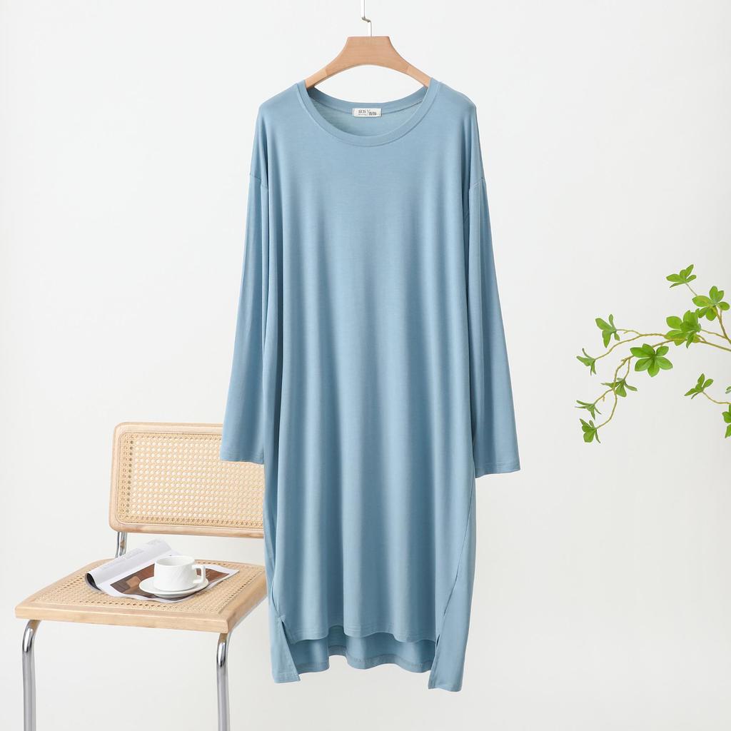 Women's Long Cotton Nightgown, Thin Loose Fit, Long Sleeve, Solid Color, Plus Size, Home & Outdoor Wear