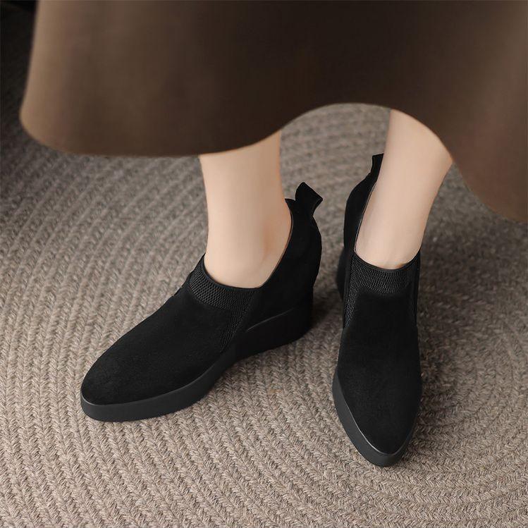 10Cm small man thick-soled super high-heeled leather loafers 2025 new wedge-heeled single shoes elastic inner height-increasing women's shoes