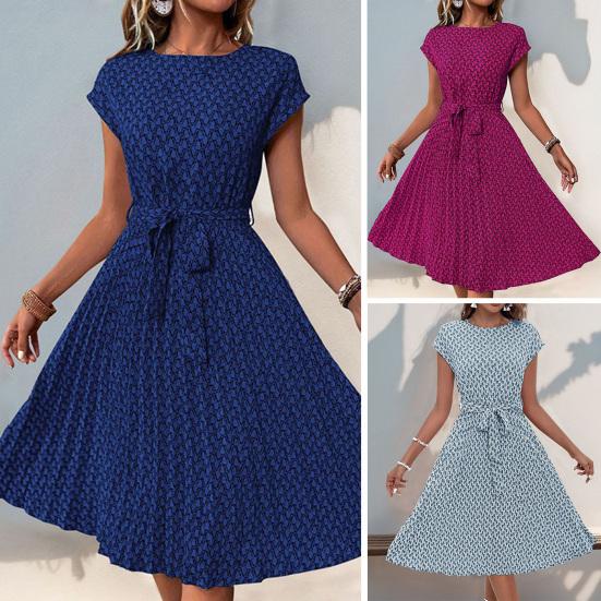 Women's Floral Printed Midi Dress Casual Crew Neck Short Sleeve Swing Dress with Belt Summer Beach Pleated Sundress