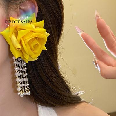 1 Pair Temperament Yellow Rose Earrings with Beads Tassel Jewelry Vacation Flower Eardrops Thai Style Bohemian Style