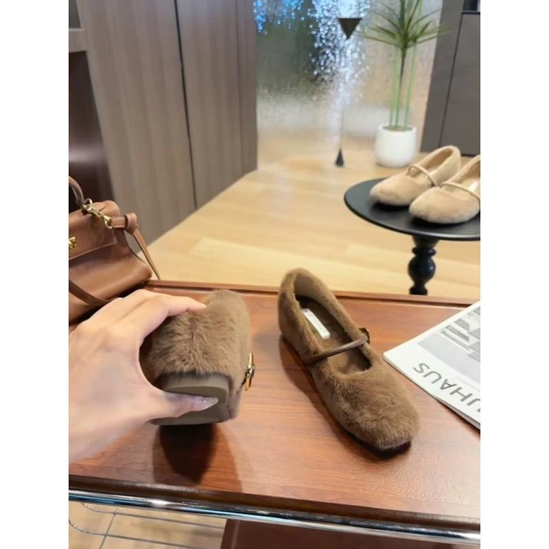 Wool version inner height increase outer wear velvet warm shallow mouth single shoes women's one-word buckle versatile gentle fluffy shoes