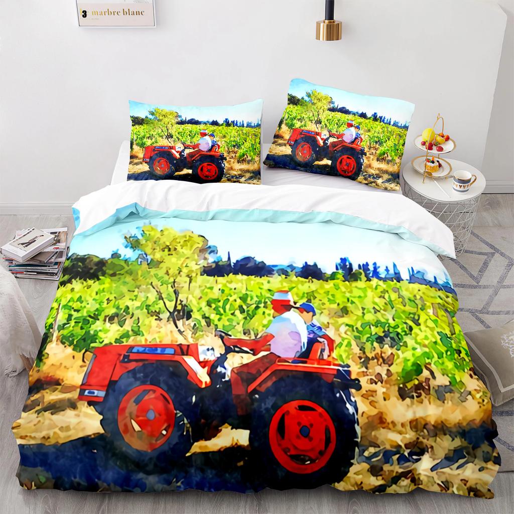 Cartoon Tractor King Queen Duvet Cover Watercolor Style Excavator Bedding Set For Kids Machinery Bulldozer Polyester Quilt Cover