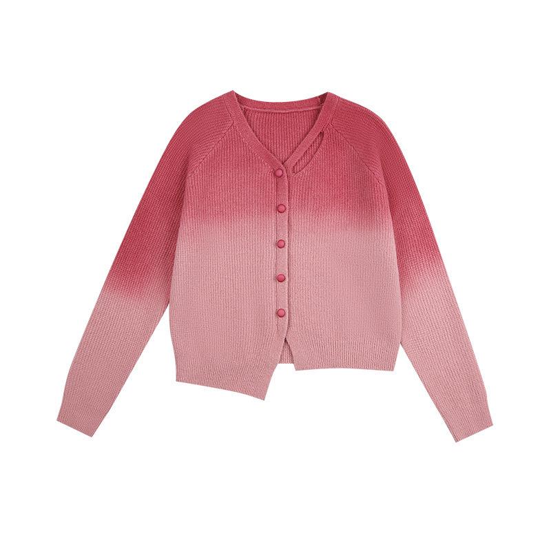 Niche senior sense V-neck exposed clavicle irregular top women's pink gradual change color knitted sweater women's age-reducing commute