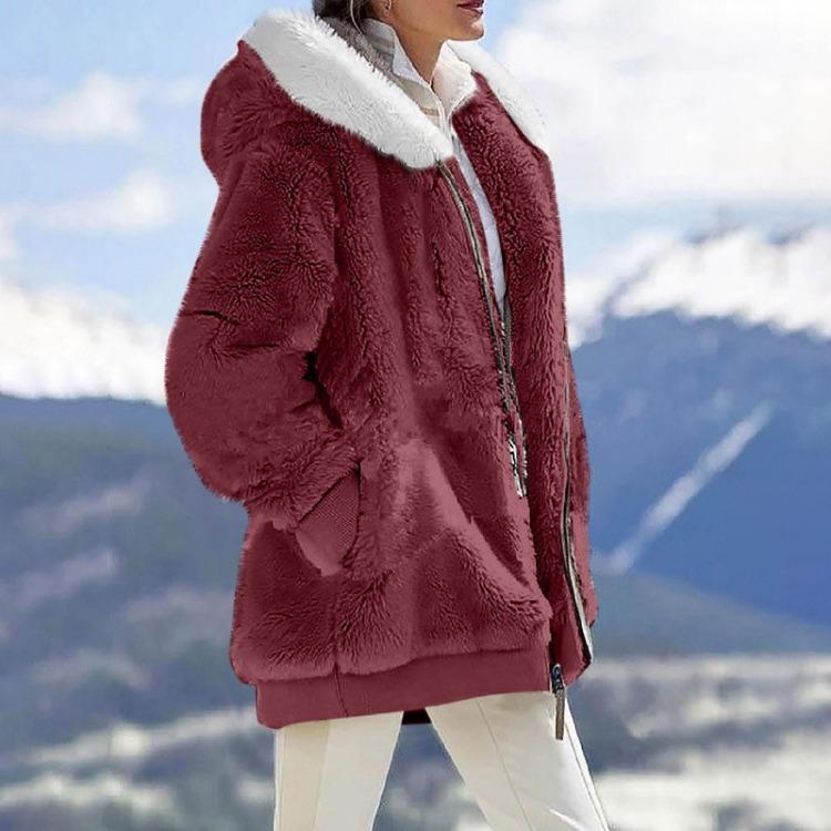 Women's Casual Solid Color Loose Plush Hooded Jacket With Pockets Zippered