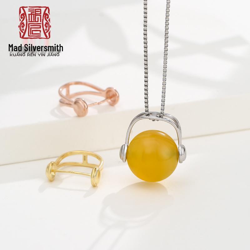 

S925 Silver Pendant Clasp with Jadeite or Amber Setting - Japanese & Korean Style