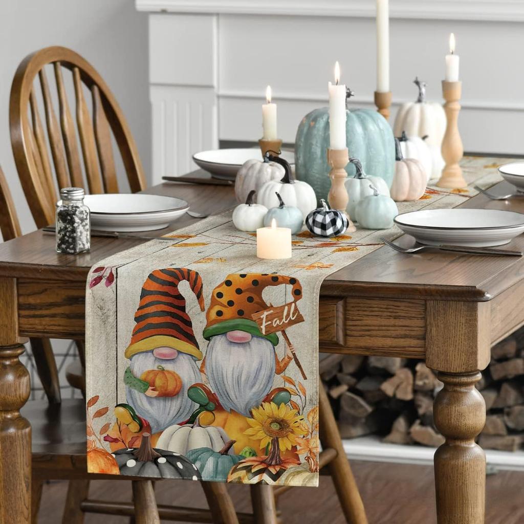 Wood Grain Gnomes Pumpkins Sunflower Leaves Fall Table Runner Autumn Thanksgiving Dresser Scarf Decor Kitchen Dining Table Decor