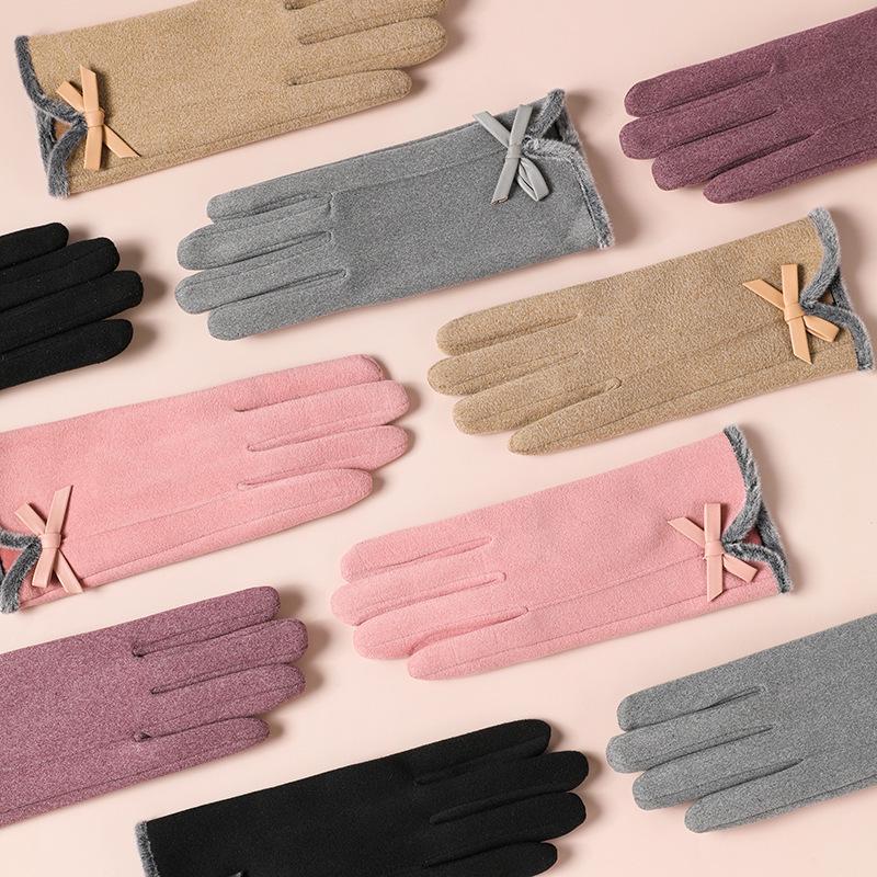 Women's Cute Bow Touchscreen Gloves for Autumn & Winter - Warm, Thickened Velvet, Cold-Proof for Outdoor Cycling