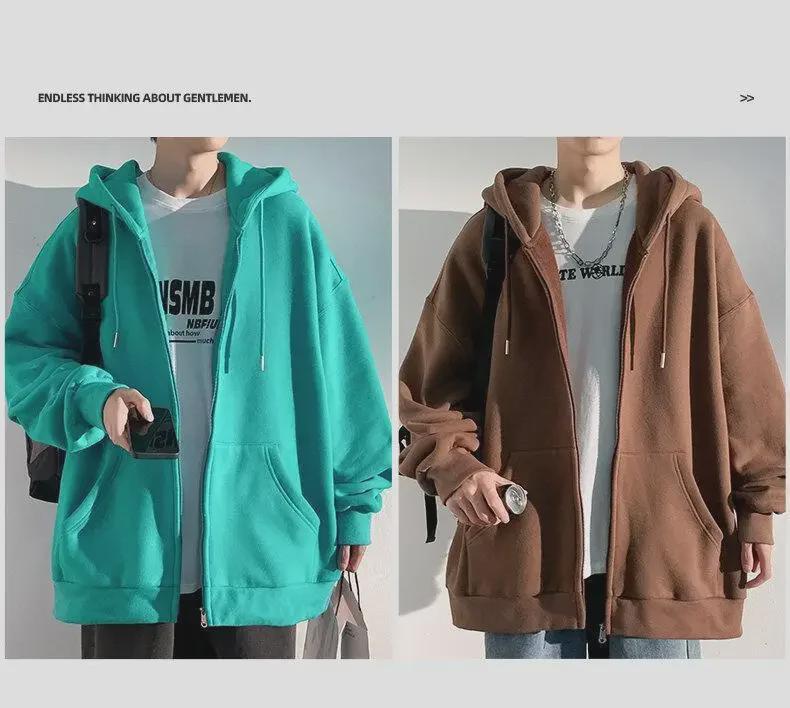 Men's Hong Kong Fashion Zip-Up Cardigan: Loose Hooded Jacket, Trendy Autumn Solid Color Top