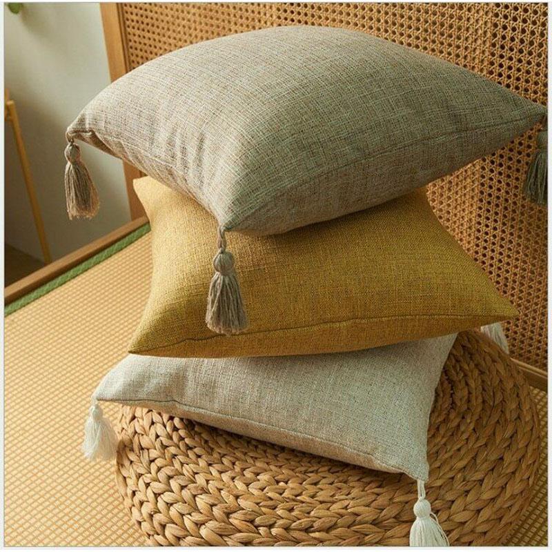 Buy Solid Plain Linen Cotton Pillow Cover With Tassels Cushion Cover