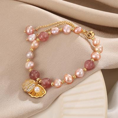 100% Rosa Süßwasserperle & Erdbeerquarz Trendiges Muschel Design 14K Gold Filled Damen Armbänder mit Anhänger Für Frauen Geschenke