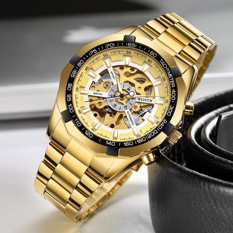 Wolis Men's Gold Waterproof Mechanical Watch - Creative Hollow Design