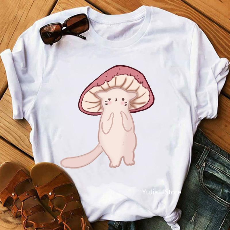 

New Cute Flower Mushroom Print T-Shirt Women Harajuku Kawaii Clothes Cute Funny Tshirt Femme Summer Fashion T Shirt Female XXXL білий