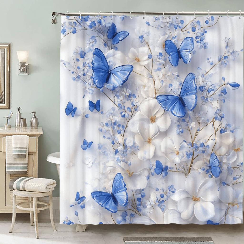 Blue Butterfly Theme Shower Curtain - Waterproof, 12 Hooks, Suitable for Home/Hotel, Machine Washable, One Piece