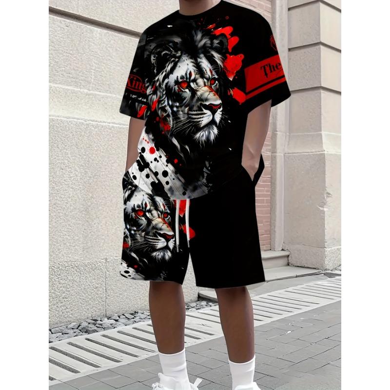Men s Breathable Lion & Splatter Print Two-Piece Set Summer Casual Sports Suit for Outdoor Activities/City Walk S