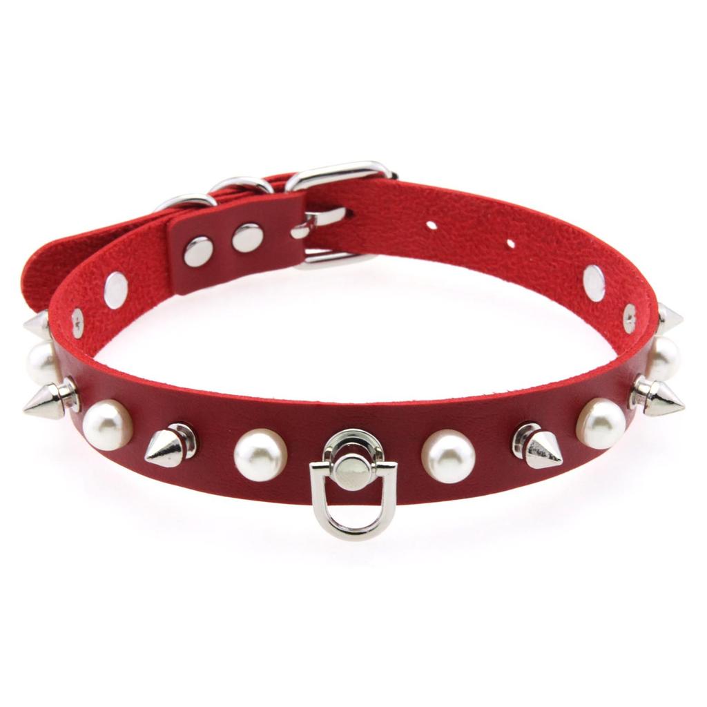 Alloy Spike D-ring Choker, Faux Pearl Rivet D Buckle Leather Clavicle Necklace
