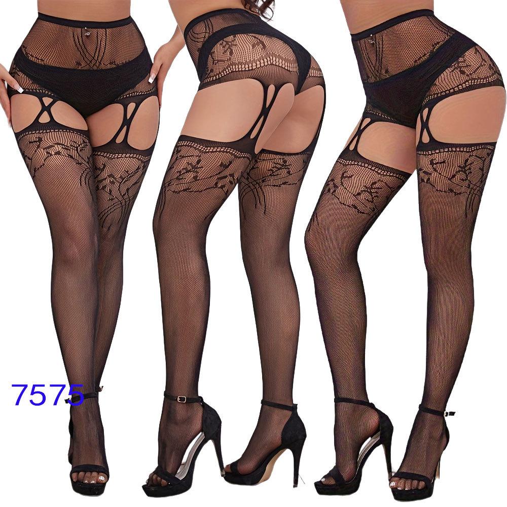 New style open crotch lace transparent suspender black silk sexy fishnet stockings non-slip one-piece suspender belt for women