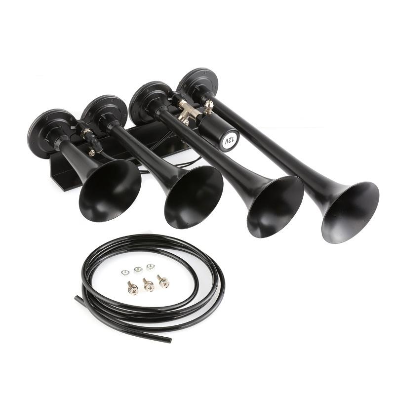 Bocina de Aire para Coche Súper Ruidosa de 135db y 12V con 4 Tubos Trompeta para Camión/Tren/Barco (Negro / plata)