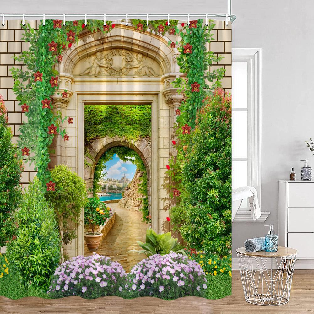 European Arched Door Shower Curtains European Garden Flowers Plants Bathroom Decoration Vintage Polyester Bath Curtain with Hook