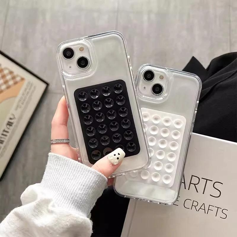 3D Suction Cup Transparent Phone Case For iPhone 17 16 15 14 Plus 11 12 13 Pro Max 16E Stylish Aesthetic Soft Shockproof Cover