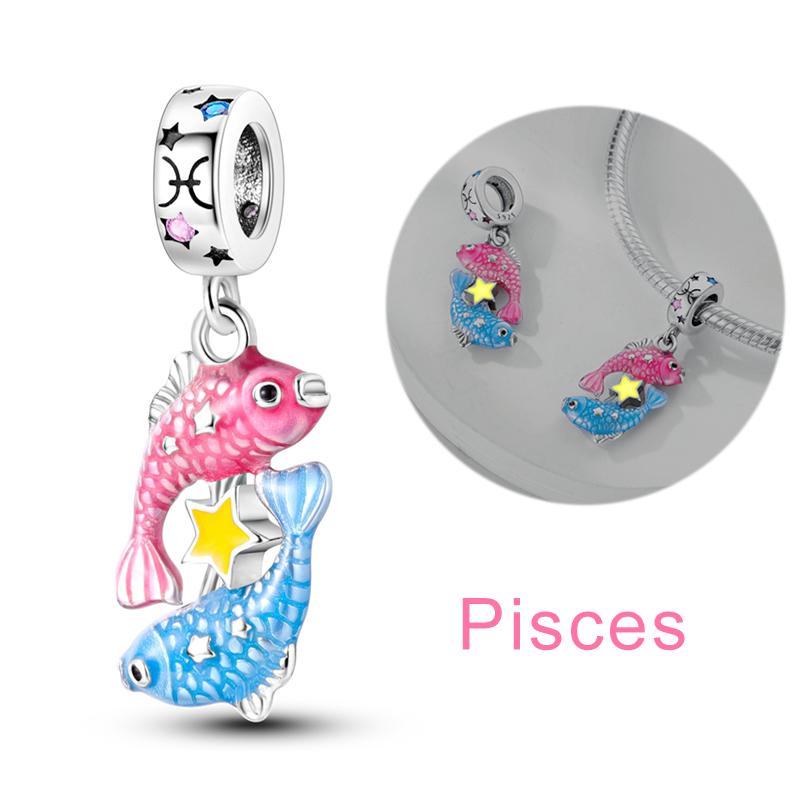 Twelve Constellations Star Sign Copper Vintage Zodiac Beads Fluorescent Charms Fit Original Bracelet