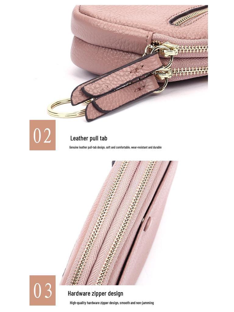 Women's Double Zipper Top Grain Cowhide Wallet: Fashionable Large Capacity Coin Purse with Hook.