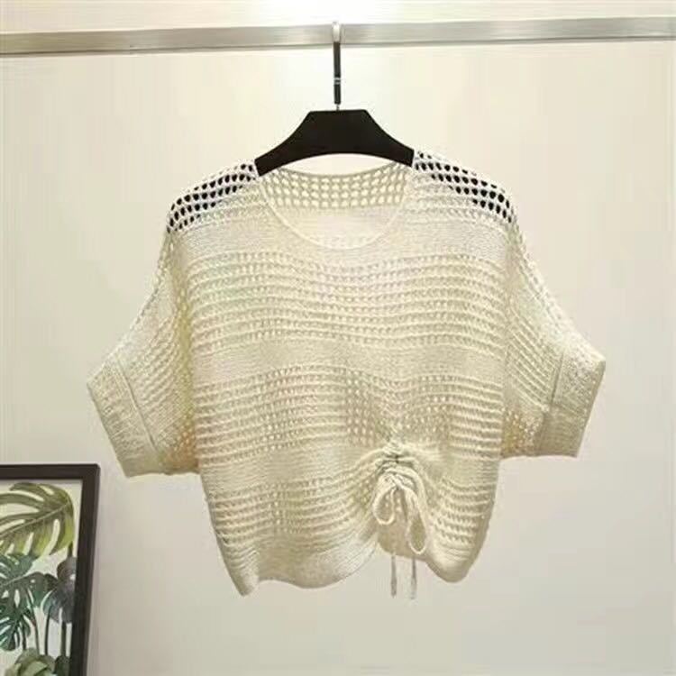 Camisa de malla de jersey corto holgado coreano de manga corta de verano para mujer de punto calado