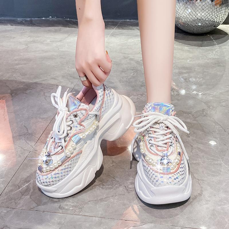 Fashion 8CM Snake Print Chunky Sneakers Women 2024 Thick Bottom Platform Ladies Sports Shoes New Autumn Pearl Rhinestone Dad Shoes Woman