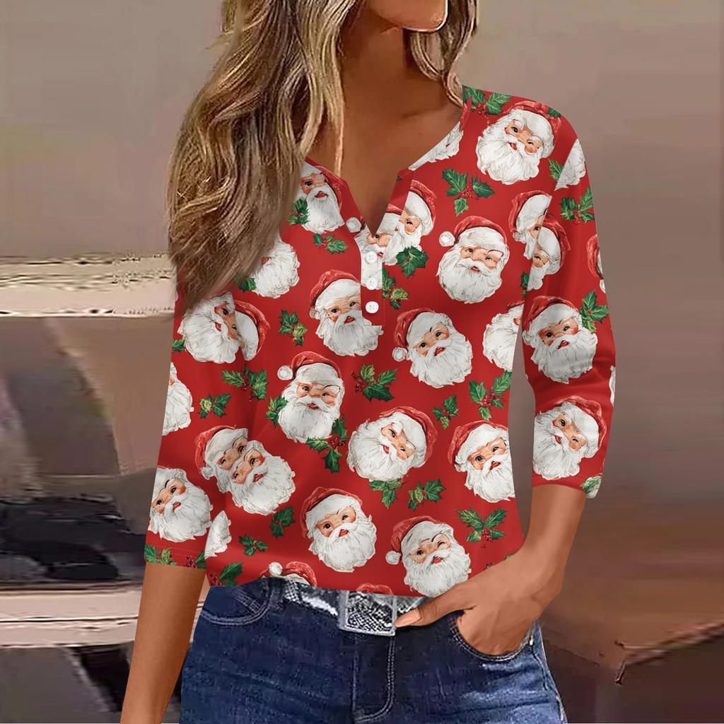 Women's Casual Fashion V-neck Loose Versatile Christmas Print Three-quarter Sleeve Top