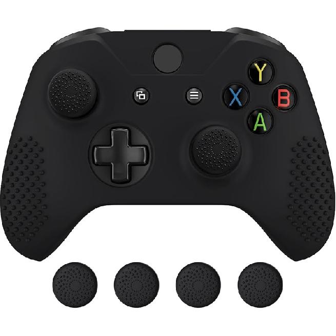 eXtremeRate PlayVital Soft Anti-Slip Silicone Controller Cover Skins Thumb Grips Caps Protective Case for Xbox One X S Controller - Black