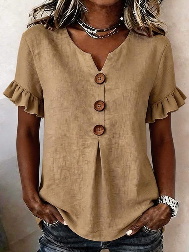 Women Solid Color V Neck Short Sleeve Button Casual T Shirt Top