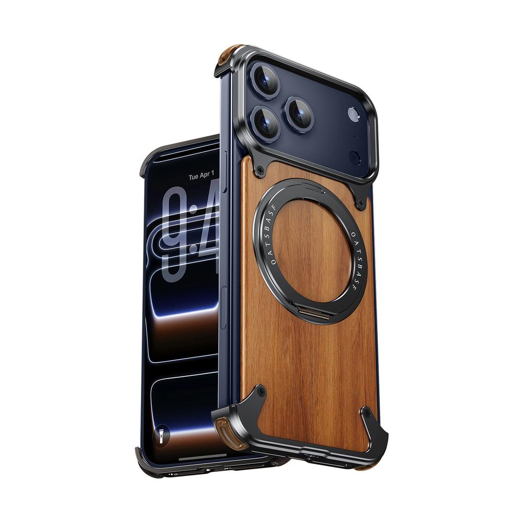 Oatsbasf Solid Wooden Phone Case for iPhone 17 Pro Max/Air/16 Pro with Stand 360° Rotatable Magnetic Shockproof Protective Cover
