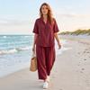 Women's Casual Loose Fit Short Sleeve Top and Pants Set with Stand Collar for Everyday Wear