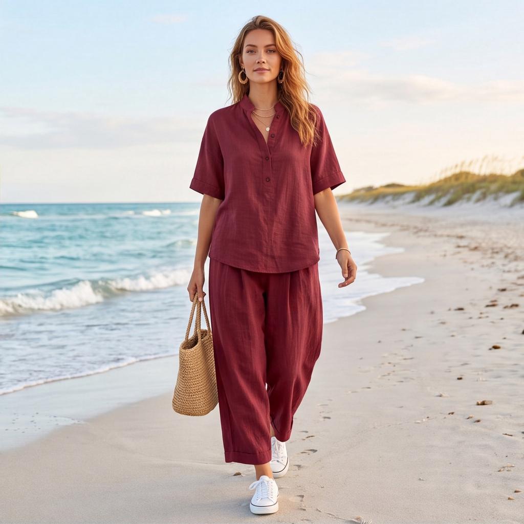 Women's Casual Loose Fit Short Sleeve Top and Pants Set with Stand Collar for Everyday Wear