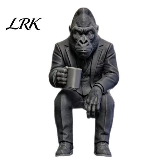 Cool Shelf Edge Ornaments 3D Printed Gorilla in Suit Ornament, Coffee Drinking Figurine, Creative Animal Decorative Figurines for Sculpture,