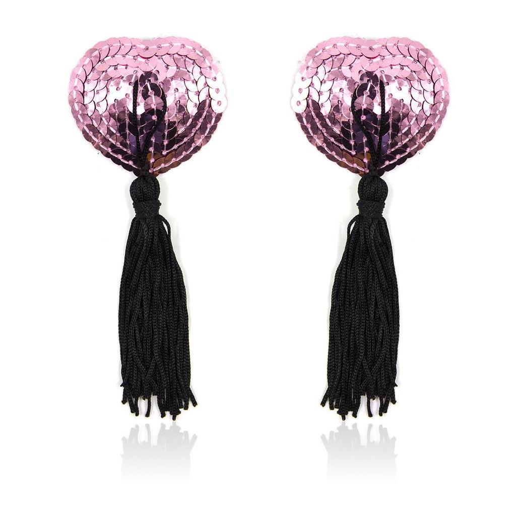 Sequin Heart-shaped Tassel Nipple Covers - Adult SM Bondage Accessory