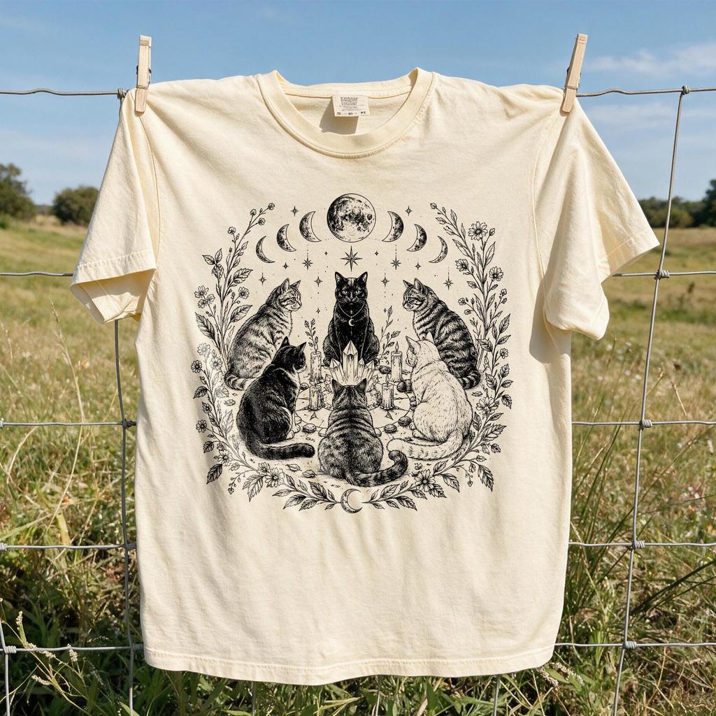 Cat Coven T-Shirt, Mystical Black Cat Tee, Witchy Moon Phase Shirt, Crystal Graphic Top, Goth Cottagecore Aesthetic Cat Lover Gift For Her