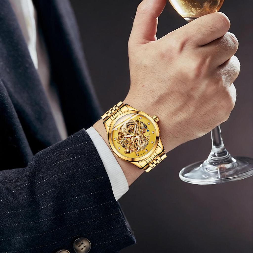 NARY Gold Dragon Waterproof Stainless Steel Skeleton Automatic Watch 18028.