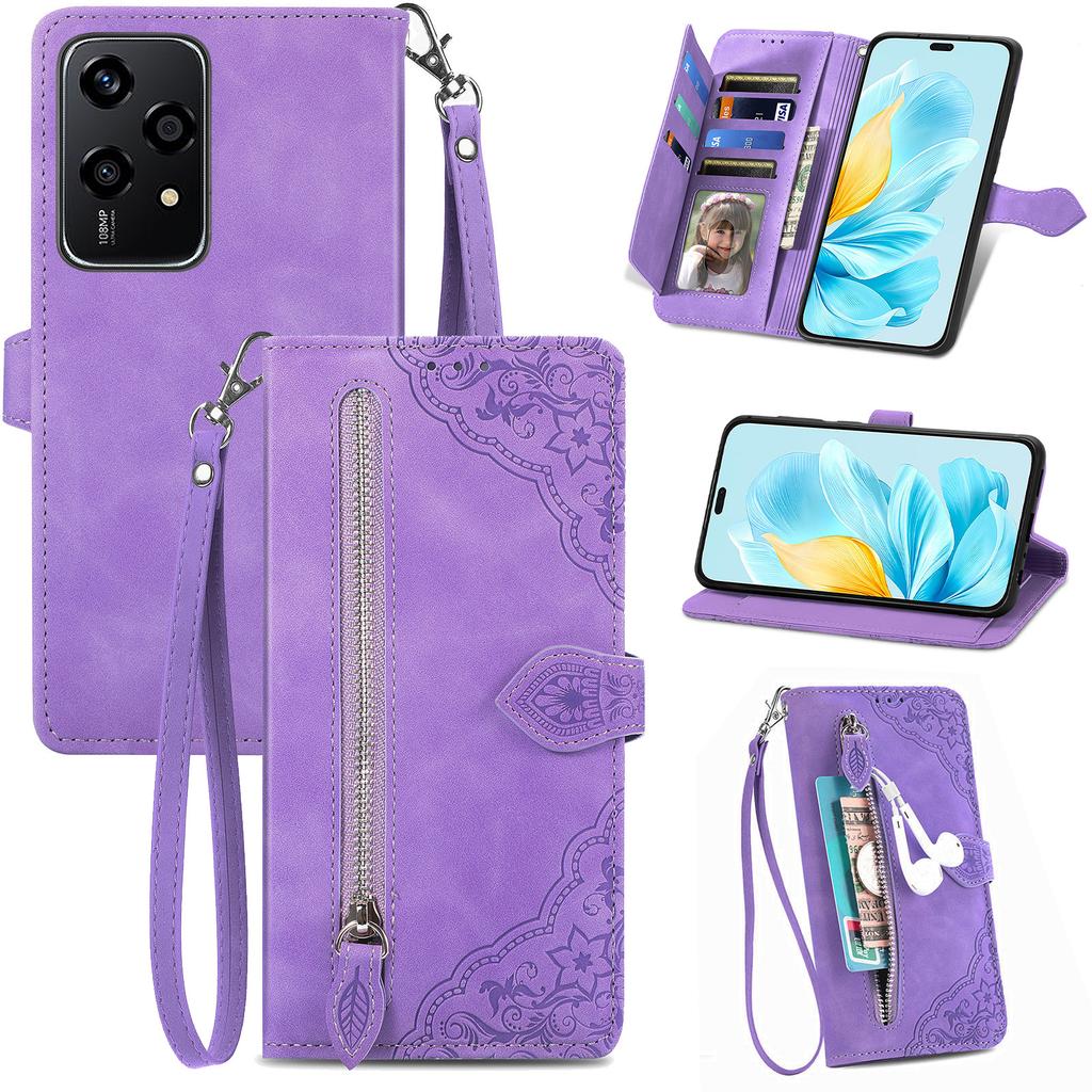 For Honor 200 Lite Zipper Wallet Case with Strap Flower Imprint PU Leather Phone Cover