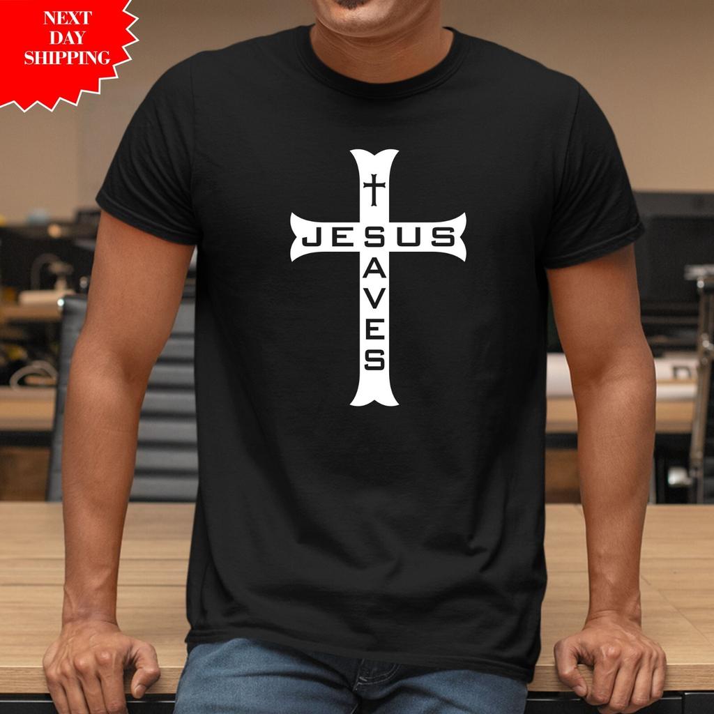 Jesus Saves Cross T Shirt Mens Womens Tees Top Printed Christian Christianity 100% Men Cotton Tee Top