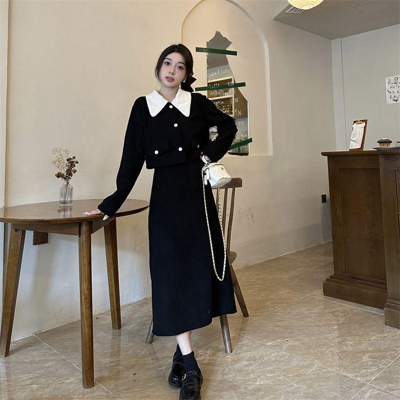 French Chic Corduroy Two-Piece Set: Doll Collar Jacket & Mid-Length Skirt for Autumn/Winter