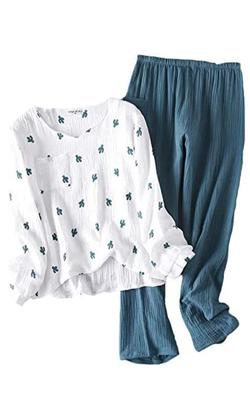 Cactus Soft Comfortable To the Long Top and Bottom Cute Loungewear Women's Spring/Summer Pajamas, 100% Cotton, Print, Gauze, Touch, Sleeves, Set, (XL,