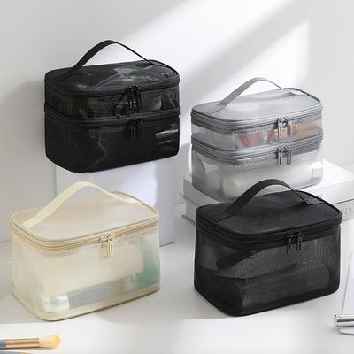 Doppellagige Kosmetiktasche, Große Tragbare Netz-Reisekosmetiktasche, mit Doppelreißverschluss, Multifunktionale Kulturbeuteltasche für Make-up-Pinsel